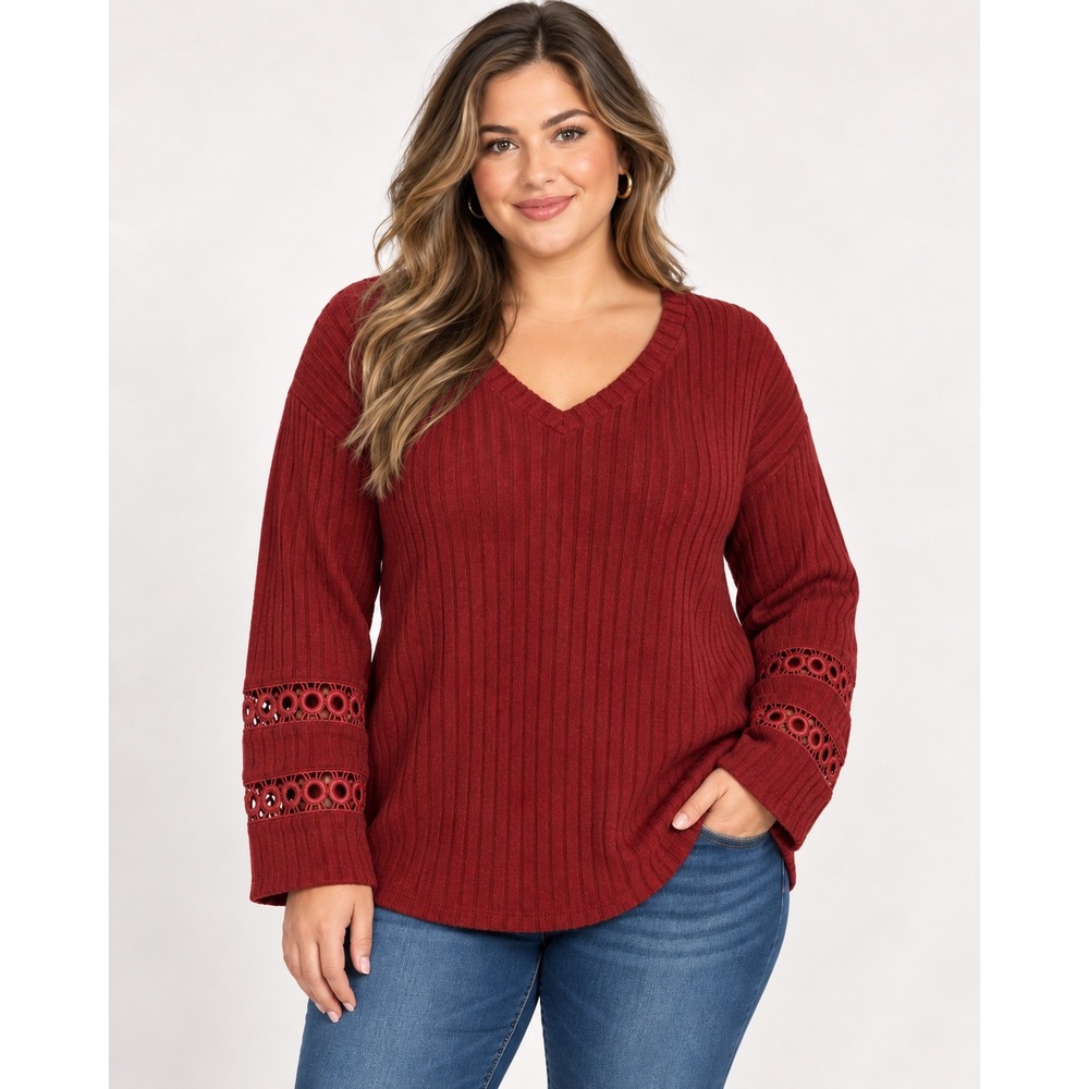 Merokeety Womens XL Burgundy Ribbed V-Neck Top Crochet Eyelet Lace Long Sleeve